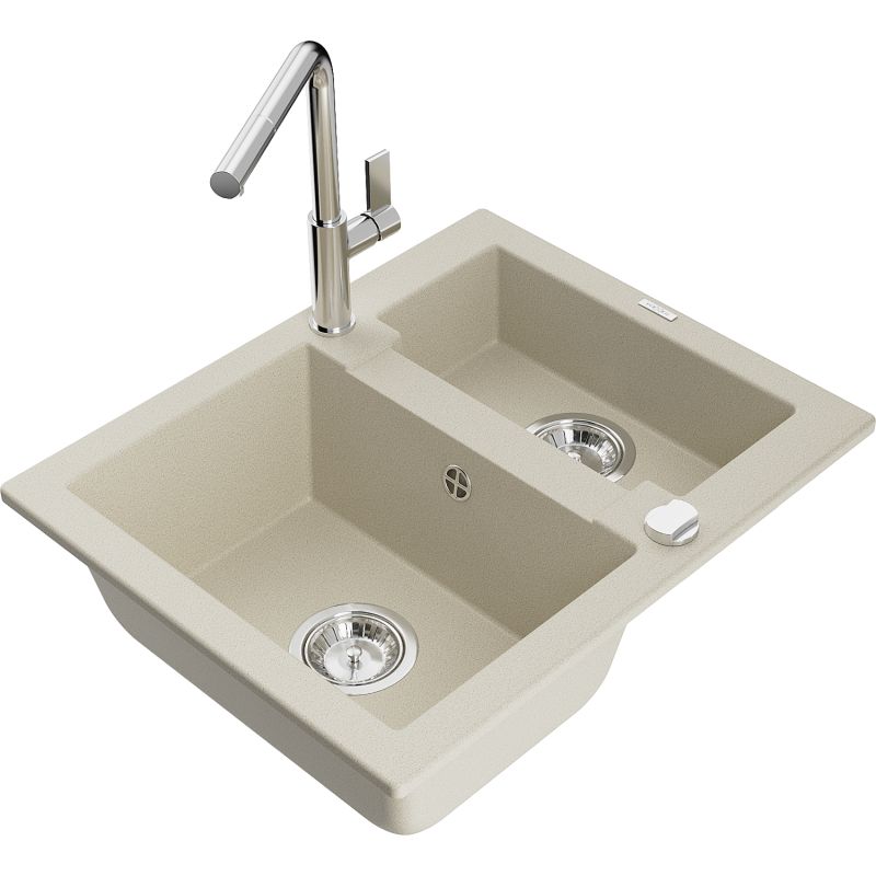 Zlewozmywak granitowy 1.5-komorowy Mexen Carlos z baterią kuchenną Flora beżowy  6518-69-670401-00