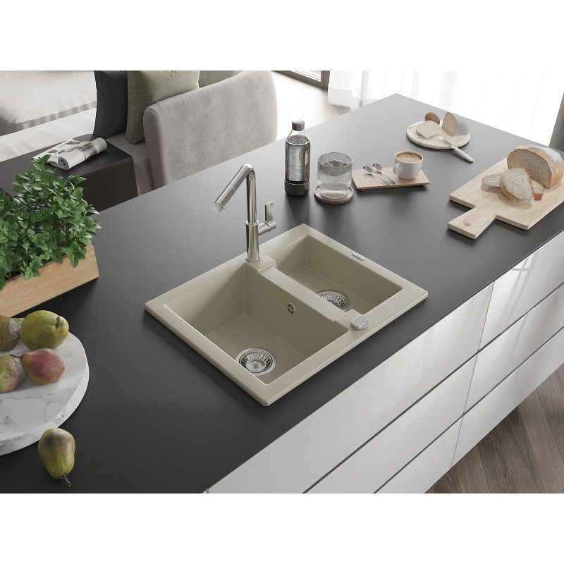 Zlewozmywak granitowy 1.5-komorowy Mexen Carlos z baterią kuchenną Flora beżowy  6518-69-670401-00