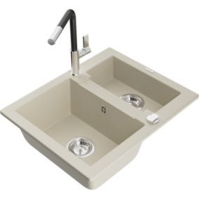 Zlewozmywak granitowy 1.5-komorowy Mexen Carlos z baterią kuchenną Flora beżowy  6518-69-670401-07