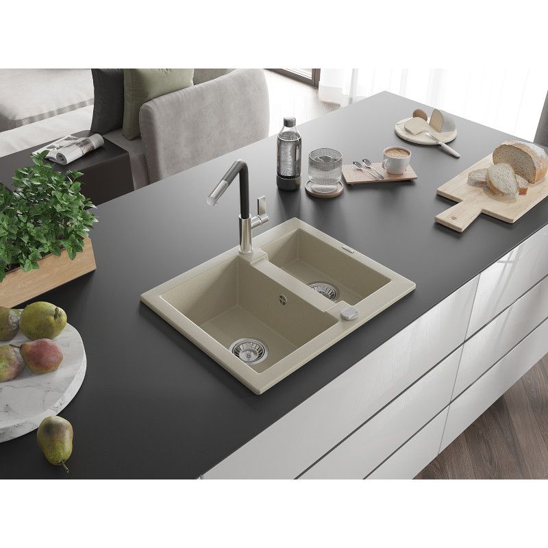 Zlewozmywak granitowy 1.5-komorowy Mexen Carlos z baterią kuchenną Flora beżowy  6518-69-670401-07