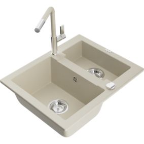 Zlewozmywak granitowy 1.5-komorowy Mexen Carlos z baterią kuchenną Flora beżowy  6518-69-670401-09