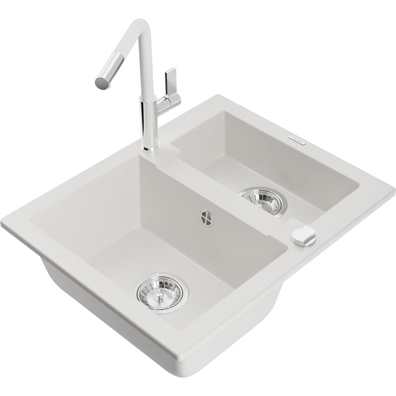 Zlewozmywak granitowy 1.5-komorowy Mexen Carlos z baterią kuchenną Flora biały  6518-20-670401-02