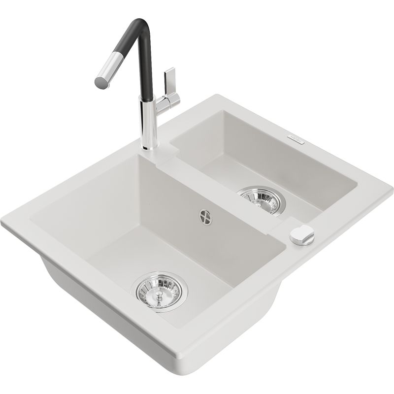 Zlewozmywak granitowy 1.5-komorowy Mexen Carlos z baterią kuchenną Flora biały  6518-20-670401-07