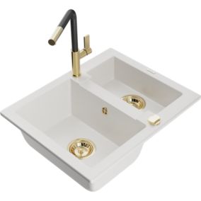 Zlewozmywak granitowy 1.5-komorowy Mexen Carlos z baterią kuchenną Flora biały  6518-20-670401-57-G