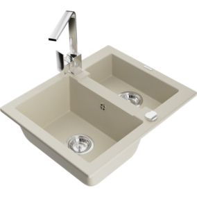 Zlewozmywak granitowy 1.5-komorowy Mexen Carlos z baterią kuchenną Rita beżowy  6518-69-670300-00