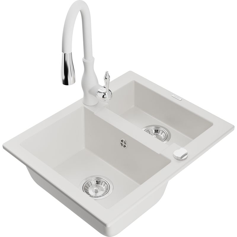 Zlewozmywak granitowy 1.5-komorowy Mexen Carlos z baterią kuchenną Savita biały  6518-20-672601-20