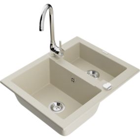 Zlewozmywak granitowy 1.5-komorowy Mexen Carlos z baterią kuchenną Telma beżowy  6518-69-670200-00