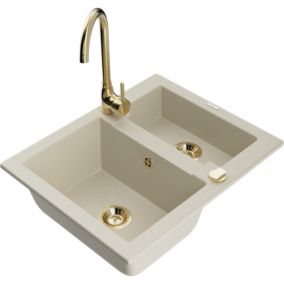 Zlewozmywak granitowy 1.5-komorowy Mexen Carlos z baterią kuchenną Telma beżowy  6518-69-670200-50