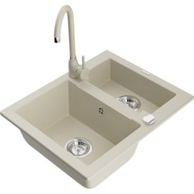 Zlewozmywak granitowy 1.5-komorowy Mexen Carlos z baterią kuchenną Telma beżowy  6518-69-670200-69