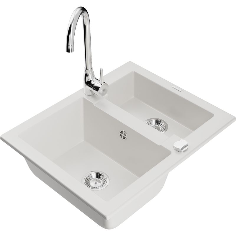 Zlewozmywak granitowy 1.5-komorowy Mexen Carlos z baterią kuchenną Telma biały  6518-20-670200-00