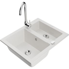 Zlewozmywak granitowy 1.5-komorowy Mexen Carlos z baterią kuchenną Telma biały  6518-20-670200-00