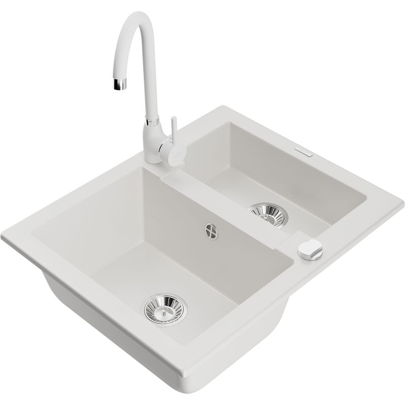 Zlewozmywak granitowy 1.5-komorowy Mexen Carlos z baterią kuchenną Telma biały  6518-20-670200-20