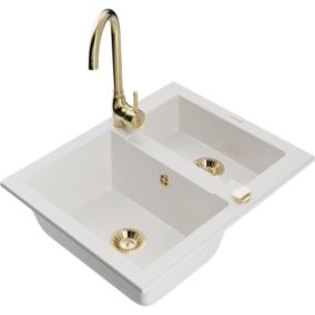 Zlewozmywak granitowy 1.5-komorowy Mexen Carlos z baterią kuchenną Telma biały  6518-20-670200-50