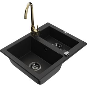 Zlewozmywak granitowy 1.5-komorowy Mexen Carlos z baterią kuchenną Telma czarny  6518-77-670200-50-B