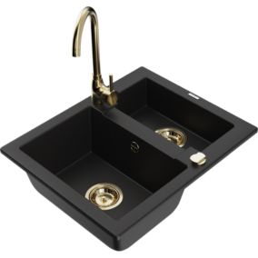 Zlewozmywak granitowy 1.5-komorowy Mexen Carlos z baterią kuchenną Telma czarny  6518-77-670200-50