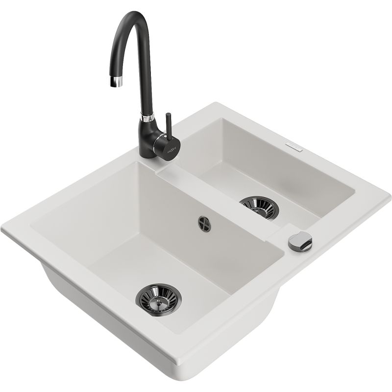 Zlewozmywak granitowy 1.5-komorowy Mexen Carlos z baterią kuchenną Telma czarny  - 6518-77-670200-70-B 1 szt.