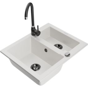 Zlewozmywak granitowy 1.5-komorowy Mexen Carlos z baterią kuchenną Telma czarny  - 6518-77-670200-70-B 1 szt.