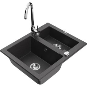 Zlewozmywak granitowy 1.5-komorowy Mexen Carlos z baterią kuchenną Telma czarny nakrapiany  6518-76-670200-00