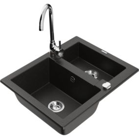 Zlewozmywak granitowy 1.5-komorowy Mexen Carlos z baterią kuchenną Telma czarny/złoty metalik  6518-75-670200-00