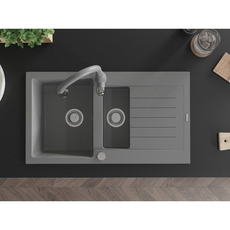 Zlewozmywak granitowy 1.5-komorowy Mexen Matias z ociekaczem i baterią kuchenną Telma beżowy  - 6502-69-670200-69 1 szt.