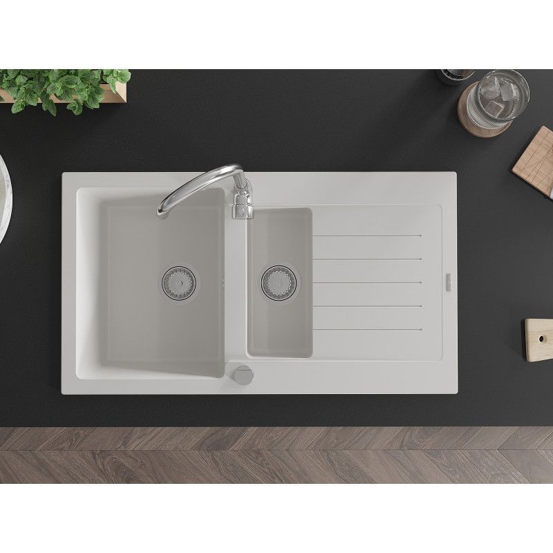 Zlewozmywak granitowy 1.5-komorowy Mexen Matias z ociekaczem i baterią kuchenną Telma biały  6502-20-670200-00