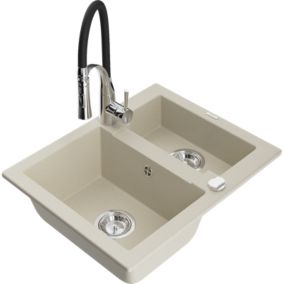 Zlewozmywak granitowy 1.50-komorowy Mexen Carlos z baterią kuchenną Aster beżowy  6518-69-73450-07 1 szt.