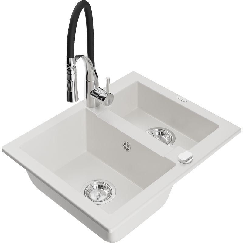 Zlewozmywak granitowy 1.50-komorowy Mexen Carlos z baterią kuchenną Aster biały  6518-20-73450-07 1 szt.