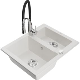 Zlewozmywak granitowy 1.50-komorowy Mexen Carlos z baterią kuchenną Aster biały  6518-20-73450-07 1 szt.