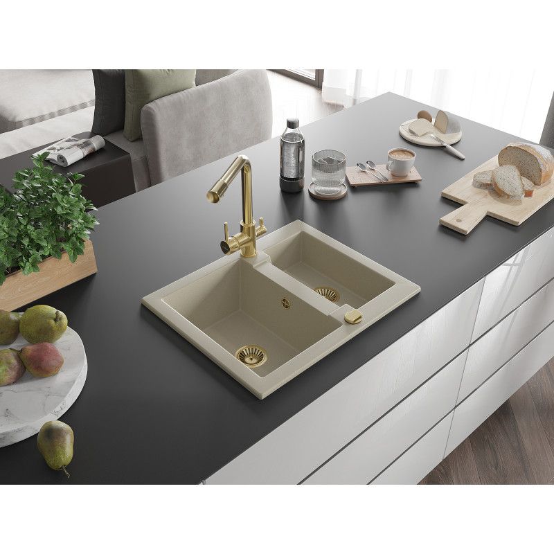 Zlewozmywak granitowy 1.50-komorowy Mexen Carlos z baterią kuchenną Duero beżowy  6518-69-671600-50 1 szt.