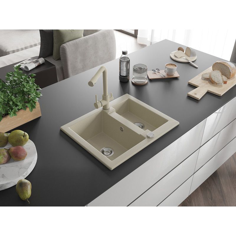 Zlewozmywak granitowy 1.50-komorowy Mexen Carlos z baterią kuchenną Duero beżowy  6518-69-671600-69 1 szt.