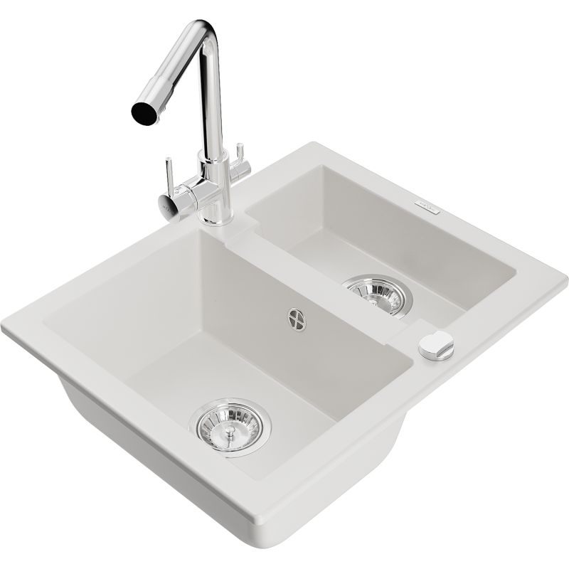 Zlewozmywak granitowy 1.50-komorowy Mexen Carlos z baterią kuchenną Duero biały  6518-20-671600-00 1 szt.