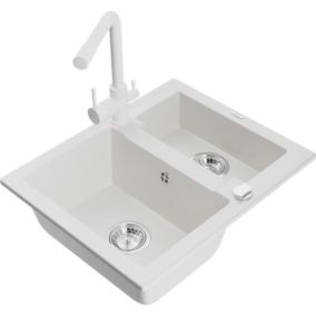 Zlewozmywak granitowy 1.50-komorowy Mexen Carlos z baterią kuchenną Duero biały  6518-20-671600-20 1 szt.
