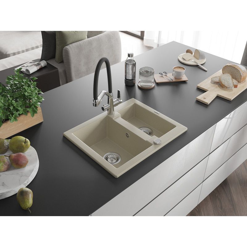 Zlewozmywak granitowy 1.50-komorowy Mexen Carlos z baterią kuchenną Duo beżowy  6518-69-671701-07 1 szt.