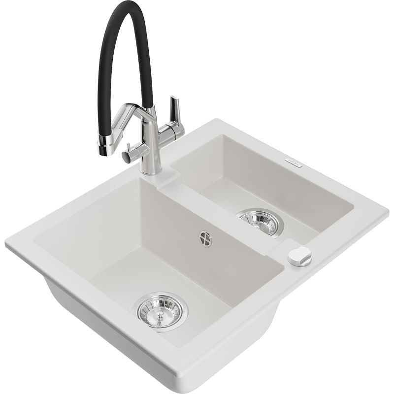 Zlewozmywak granitowy 1.50-komorowy Mexen Carlos z baterią kuchenną Duo biały  6518-20-671701-07 1 szt.