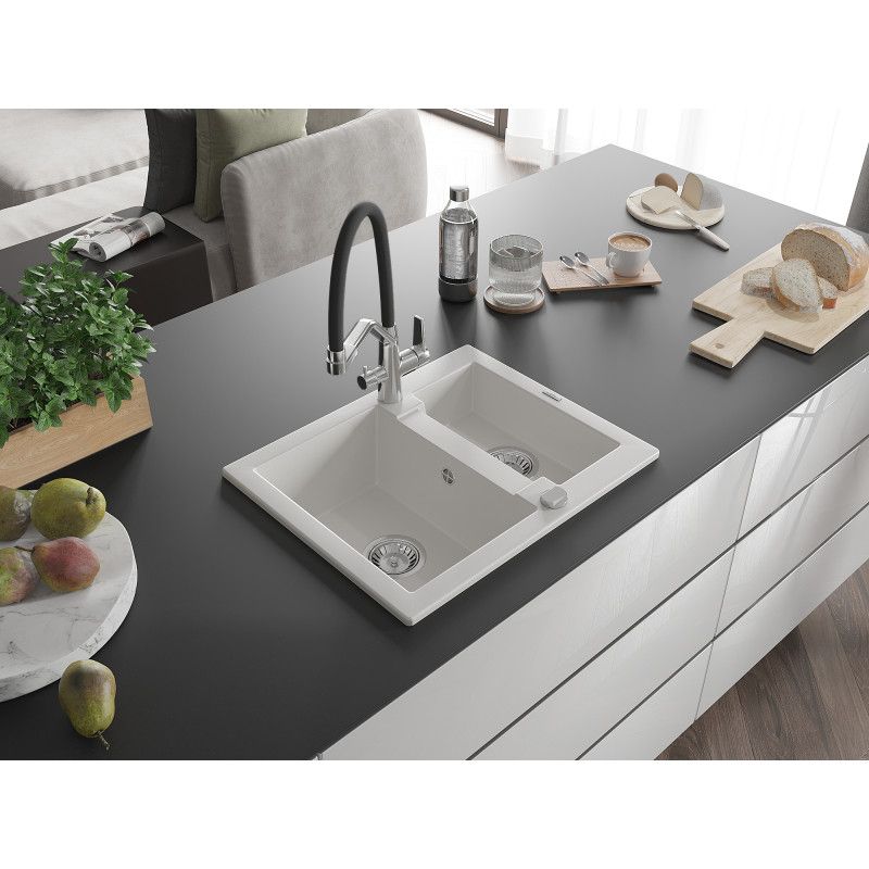 Zlewozmywak granitowy 1.50-komorowy Mexen Carlos z baterią kuchenną Duo biały  6518-20-671701-07 1 szt.