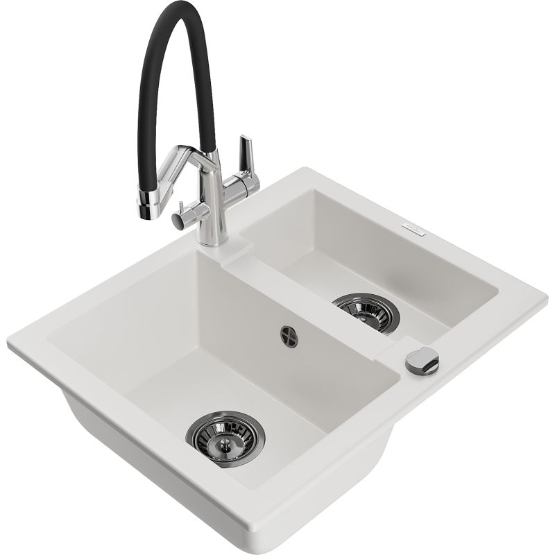 Zlewozmywak granitowy 1.50-komorowy Mexen Carlos z baterią kuchenną Duo biały  6518-20-671701-07-B 1 szt.