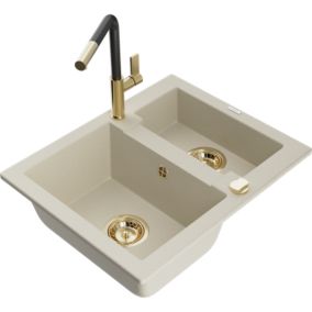 Zlewozmywak granitowy 1.50-komorowy Mexen Carlos z baterią kuchenną Flora beżowy  6518-69-670401-57-G 1 szt.