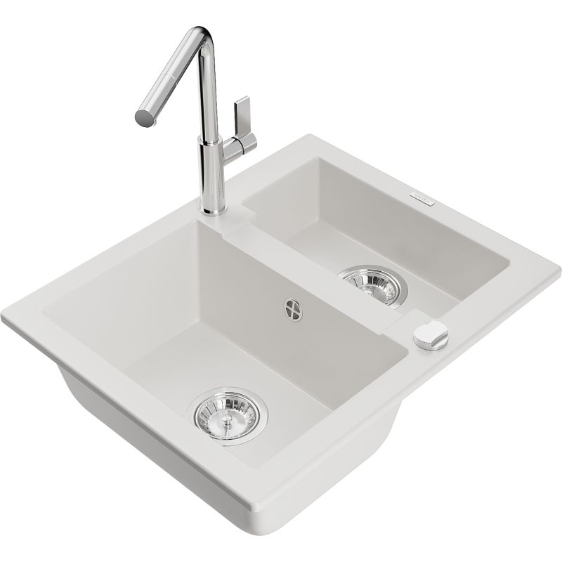 Zlewozmywak granitowy 1.50-komorowy Mexen Carlos z baterią kuchenną Flora biały  6518-20-670401-00 1 szt.