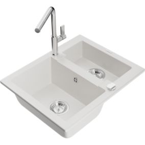 Zlewozmywak granitowy 1.50-komorowy Mexen Carlos z baterią kuchenną Flora biały  6518-20-670401-00 1 szt.