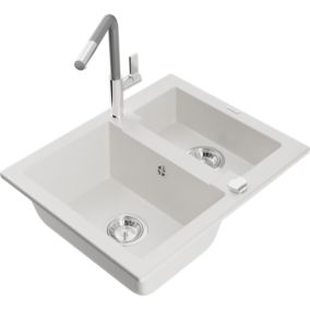 Zlewozmywak granitowy 1.50-komorowy Mexen Carlos z baterią kuchenną Flora biały  6518-20-670401-06 1 szt.