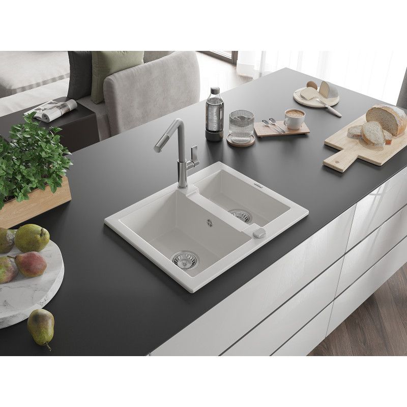 Zlewozmywak granitowy 1.50-komorowy Mexen Carlos z baterią kuchenną Flora biały  6518-20-670401-06 1 szt.