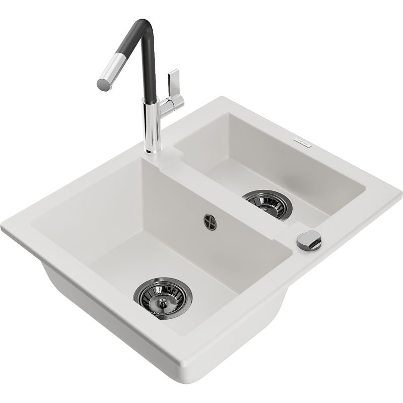 Zlewozmywak granitowy 1.50-komorowy Mexen Carlos z baterią kuchenną Flora biały  6518-20-670401-07-B 1 szt.