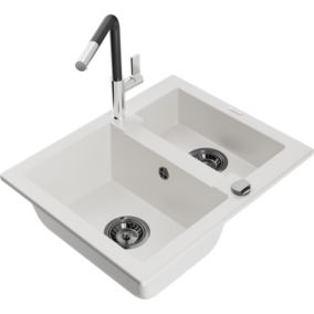 Zlewozmywak granitowy 1.50-komorowy Mexen Carlos z baterią kuchenną Flora biały  6518-20-670401-07-B 1 szt.