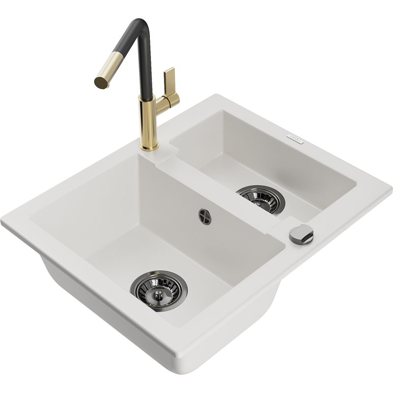 Zlewozmywak granitowy 1.50-komorowy Mexen Carlos z baterią kuchenną Flora biały  6518-20-670401-57-B 1 szt.
