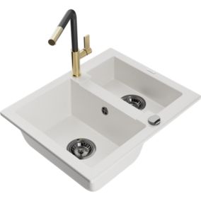 Zlewozmywak granitowy 1.50-komorowy Mexen Carlos z baterią kuchenną Flora biały  6518-20-670401-57-B 1 szt.