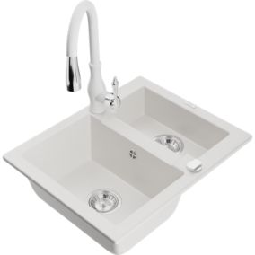 Zlewozmywak granitowy 1.50-komorowy Mexen Carlos z baterią kuchenną Savita biały  6518-20-672601-20 1 szt.