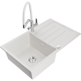 Zlewozmywak granitowy 1-komorowy Mexen Bruno z ociekaczem i baterią kuchenną Duo biały  6513-20-671701-02 1 szt.