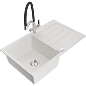 Zlewozmywak granitowy 1-komorowy Mexen Bruno z ociekaczem i baterią kuchenną Duo biały  6513-20-671701-07 1 szt.