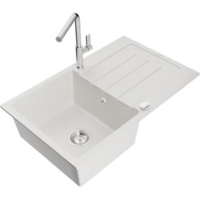Zlewozmywak granitowy 1-komorowy Mexen Bruno z ociekaczem i baterią kuchenną Flora biały  6513-20-670401-00 1 szt.