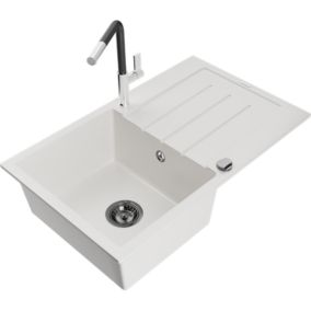 Zlewozmywak granitowy 1-komorowy Mexen Bruno z ociekaczem i baterią kuchenną Flora biały  6513-20-670401-07-B 1 szt.